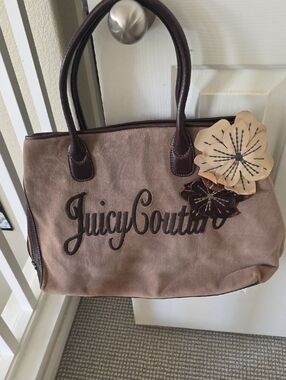 Juicy Couture Taupe Suede Tote with Brown Trim and Floral Appliqué